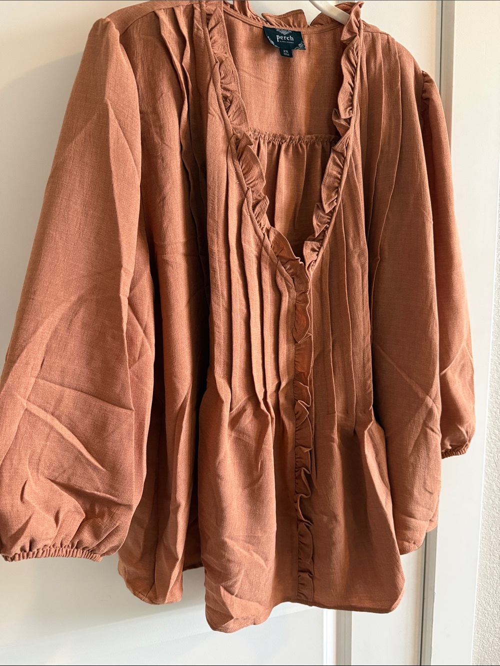 Rust Orange Ruffle V-Neck Women's Blouse - Picture 5 of 8